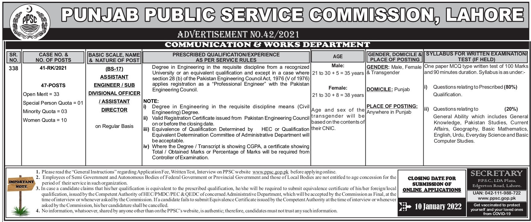 Communication and Work Department Sub Engineer Jobs PPSC Apply Online