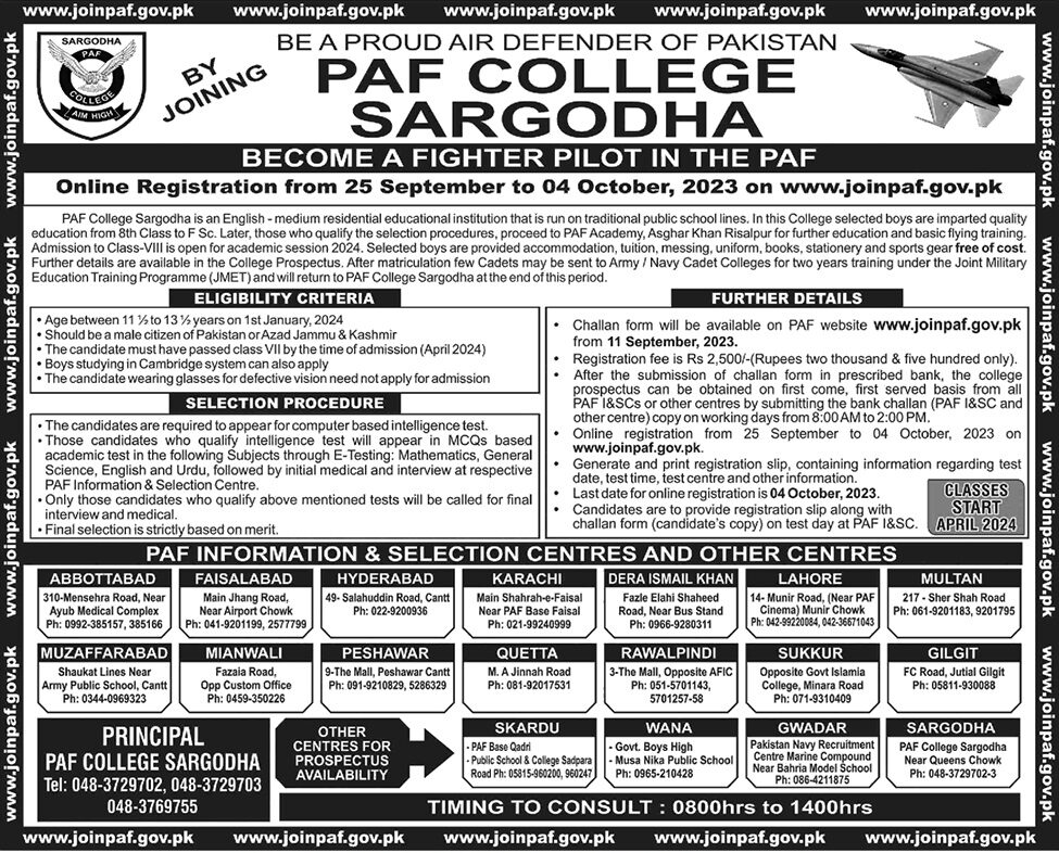 PAF College Sargodha Admission 2024-24 Last Date