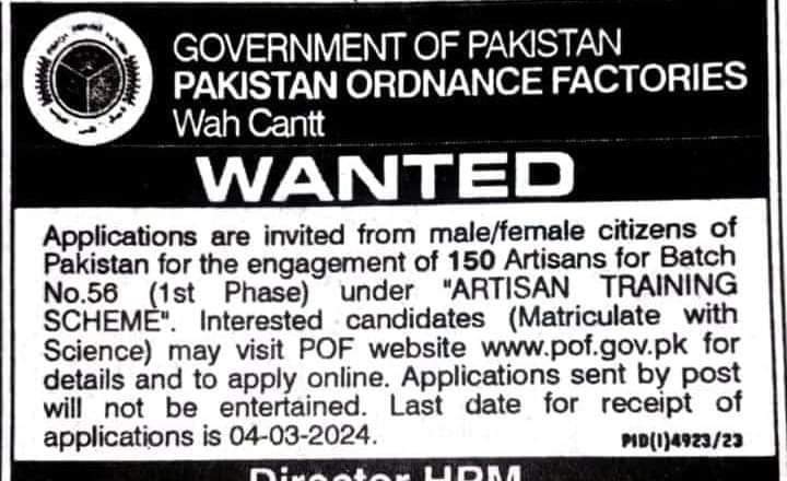 POF Artisan Jobs 2024 Online Apply www.pof.gov.pk 
