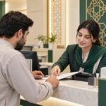 Bank branch services officer assisting a customer