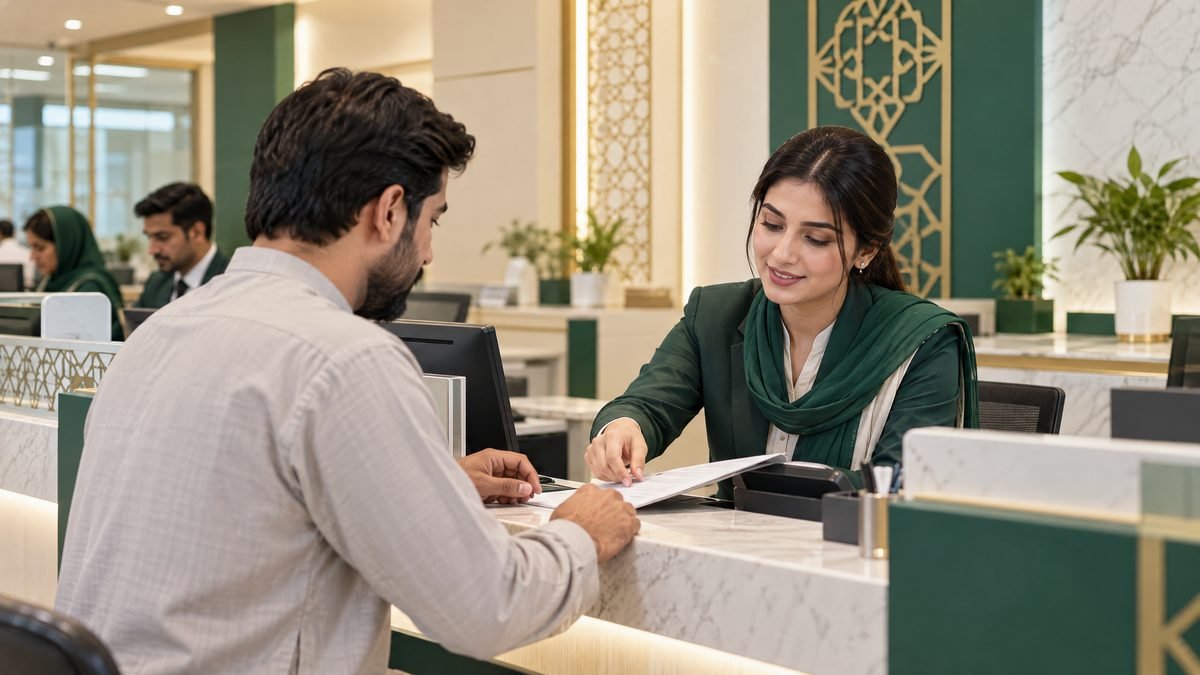 Bank branch services officer assisting a customer