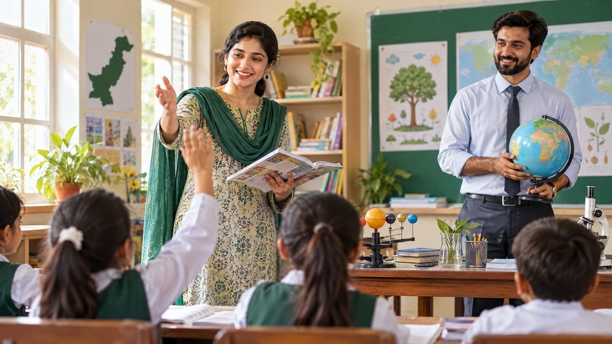Elementary school educators teaching in a Pakistani classroom